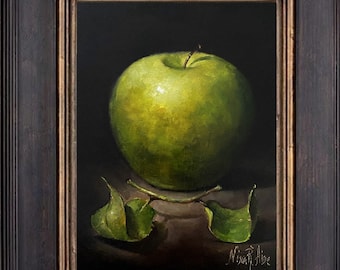 Green Apple with Leaves Original Oil Painting Nina R.Aide Still Life Fruit Small Painting 7x5 Traditional Art Chiaroscuro