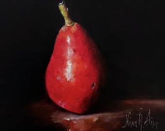 Pear Red Original Still Life Oil Painting by Nina R.Aide Fine Art Small Painting Fruit Chiaroscuro Art Sale