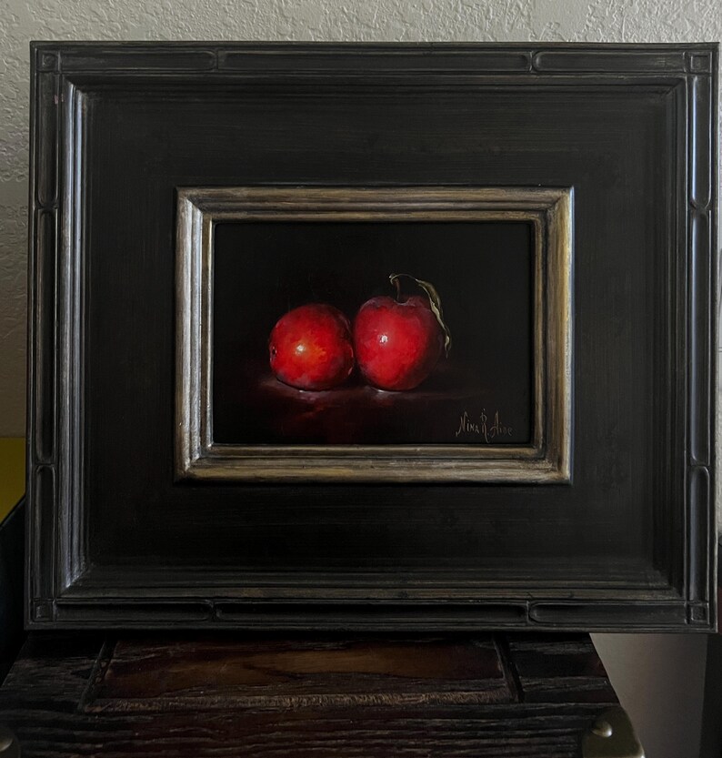 Apples With Leaf Original Oil Painting Nina R.aide Still Life Fruit Small Painting Art Sale