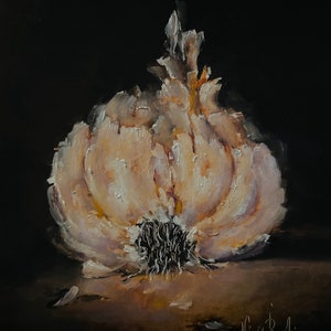 Garlic Original Still Life Oil Painting Nina R.Aide Fine Art Small Painting 8x6 Traditional Classic Art Chiaroscuro