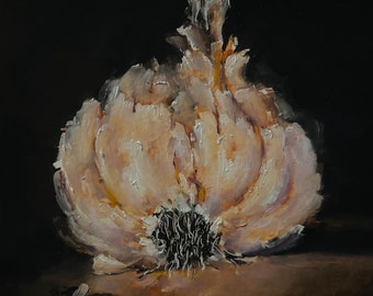 Garlic Original Still Life Oil Painting Nina R.Aide Fine Art Small Painting 8x6 Traditional Classic Art Chiaroscuro