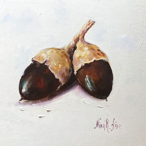 Acorns Oak Original Oil Painting Still Life Kitchen Art Small Painting Daily Painting 6x6 Canvas