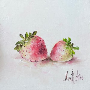 Pine Berries White Strawberries Fruit Original Oil Painting Nina R.Aide Fine Art Fruit Kitchen Art Small Painting Daily Still Life
