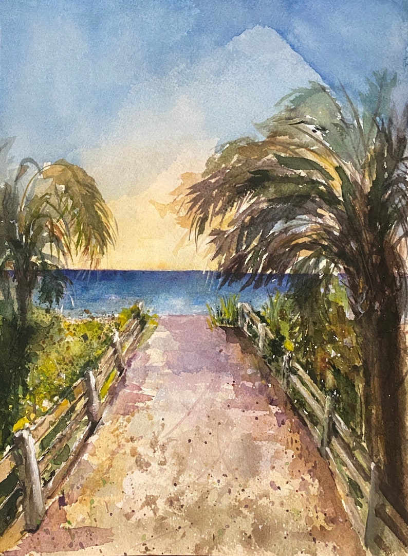 Bonita Springs Beach Seascape Watercolor Original Painting by Nina R.Aide Florida Sand Beach Ocean image 1