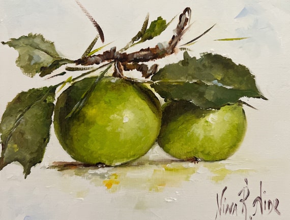 Pommes avec feuilles Peinture à lhuile originale Nina R.Aide Peinture  quotidienne Cuisine Art Nature morte Fruit Petite peinture -  France