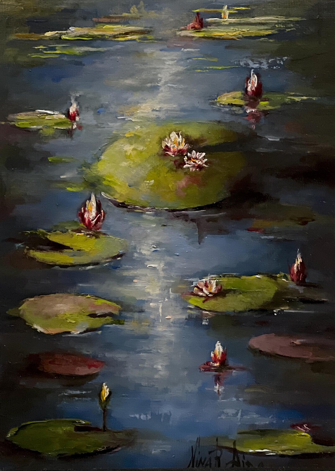 Water Lily Pond Sunset Original Oil Painting by Nina R.aide - Landscape ...