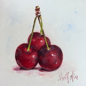 Red Cherries Original Oil Painting by Nina R.Aide, Kitchen Art, Fruit, Red Cherries, Small Painting, Canvas 6x6