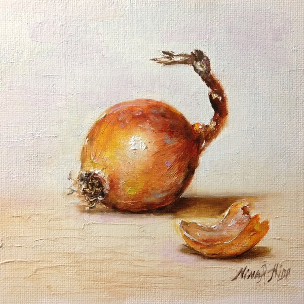 Onion Sweet Yellow-Original Oil painting by Nina R.Aide-Still Life-canvas 6"x6" Fine Art Kitchen Wall Decor Daily Painting