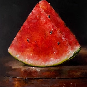 Watermelon Slice Oil Painting Original Art Still Life Fruit Fine Art Small Painting 8”x6”  Chiaroscuro by Nina R.Aide