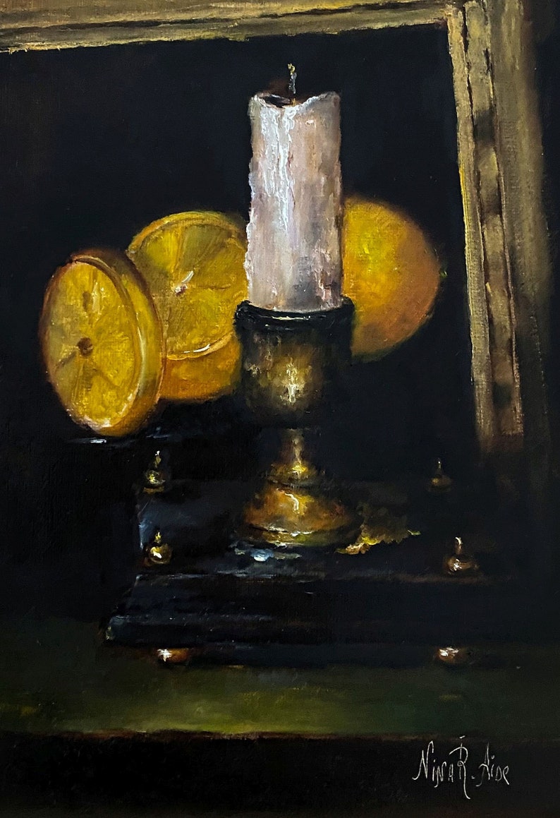 Antique Candlestick Lemons Still Life Original Oil Painting image 1