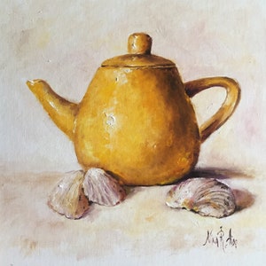 Original Painting Teapot with SeaShells Oil Painting by Nina R.Aide 8x8 canvas Fine Art Studio Gallery Kitchen Art Teatime
