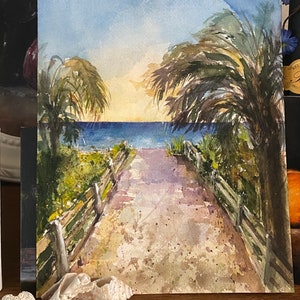 Bonita Springs Beach Seascape Watercolor Original Painting by Nina R.Aide Florida Sand Beach Ocean image 3