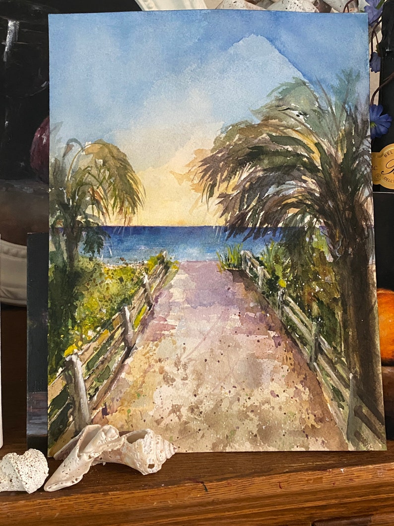 Bonita Springs Beach Seascape Watercolor Original Painting by Nina R.Aide Florida Sand Beach Ocean image 3