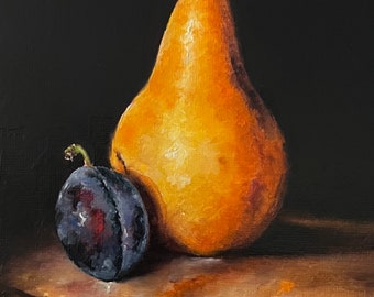 Pear with Plum Still Life Original Oil Painting by Nina R.Aide 7x5 Fuit Art Sale Small Painting Chiaroscuro