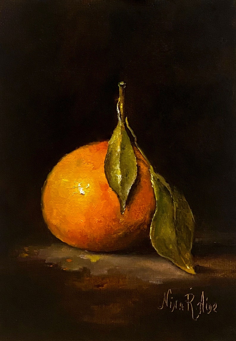 Orange with Leaves Original Oil Painting by Nina R.Aide Still image 0