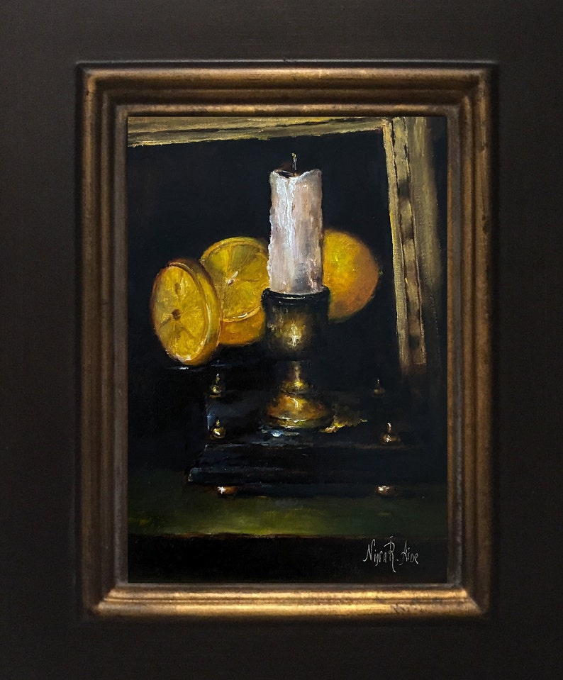 Antique Candlestick Lemons Still Life Original Oil Painting image 0