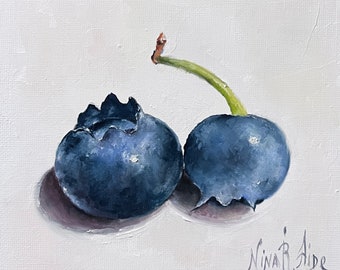 Blueberries XO2 Original Oil Painting Nina R.Aide Still Life Fruit Fine Art Gallery Kitchen Art Decor Small Painting Daily