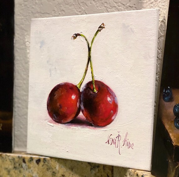 Cherries Original Oil Painting by Nina R.aide, Kitchen Art Fruit