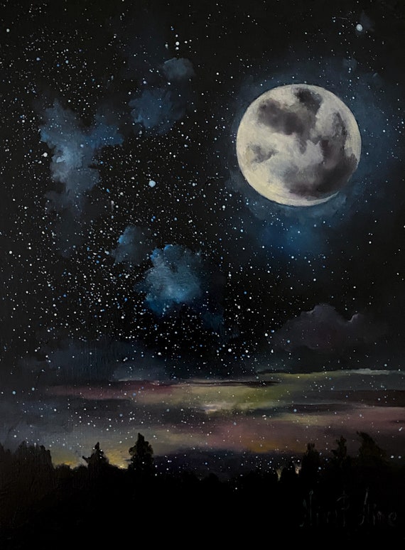 Starry Night Sky With Moon Painting