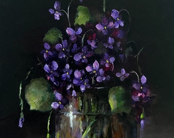 Violets in Glass Original Oil Painting by Nina R.Aide Still Life 7x5 Linen Purple Flowers Floral Art Small Painting Chiaroscuro Sale