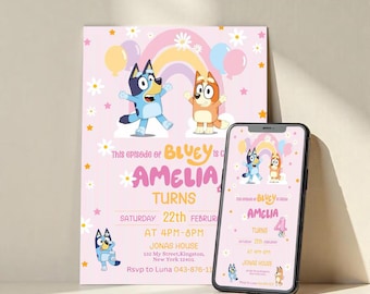 Bluey Birthday Invitation, Birthday Girl Party Invite, Bluey Birthday Party Invite Canva Editable, Birthday Gifts, Birthday Family Matching