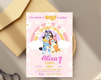 Bluey Birthday Invitation, Birthday Girl Party Invite, Bluey Birthday Party Invite Canva Editable, Birthday Gifts, Birthday Family Matching