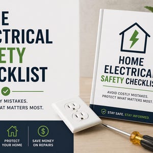 Op de afbeelding: Een witte stekkerdoos, een schroevendraaier en een rol zwarte isolatietape liggen op een houten oppervlak naast een boek met de titel "Home Electrical Safety Checklist". Het boek heeft een groen bliksempictogram.