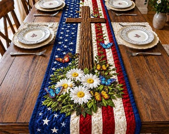 One Nation Under God Quilt Table Runner, United State 250th Anniversary Tablecloth, America 250 Years Home Decor, 4th Of July Dining Decor
