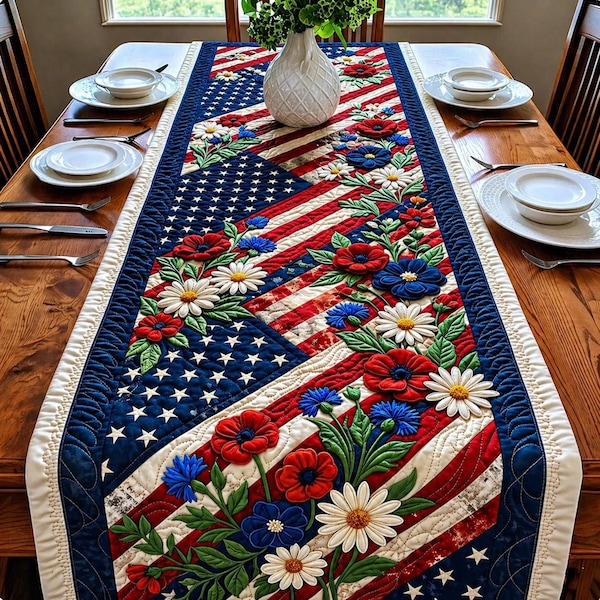 America 250 Years Colorful Floral Table Runner, USA 250th Anniversary Tablecloth, 1776-2026 Patriotic Decor, Independence Day Dining Decor