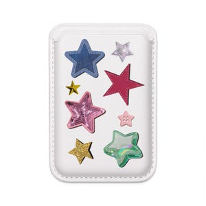 May include: White phone case decorated with various star-shaped embellishments. The stars are in different colors and textures, including denim, sequins, and glitter. The case has a stitched border.