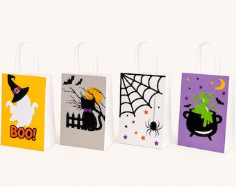 May include: Four white paper gift bags with Halloween designs. The first is yellow with a white ghost wearing a hat and the text BOO. The second is gray with a black cat, fence, and moon. The third is white with a spider web and spider. The fourth is purple with a black cauldron and green potion.