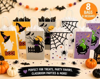 Halloween Goodie Bags handmade, Set of 8 Assorted Designs with White Handles
