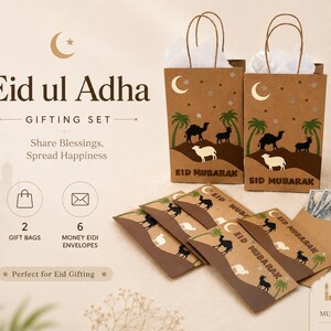May include: A brown Eid ul Adha gifting set with two gift bags and six money Eidi envelopes. The bags and envelopes feature illustrations of camels, palm trees, and the text "Eid Mubarak."