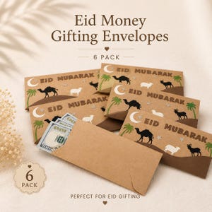 May include: A collection of six brown Eid Mubarak money gifting envelopes. Each envelope features a camel, sheep, palm tree, and crescent moon design. The text "Eid Mubarak" is printed on each envelope.