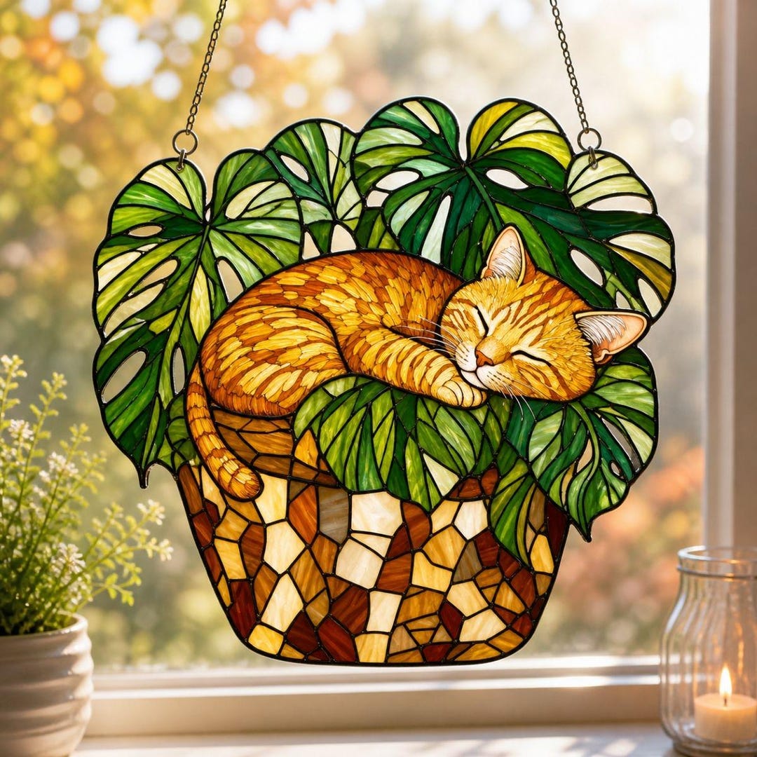 Sleeping Orange Cat Suncatcher, Monstera Plant Window Hanging, Acrylic ...
