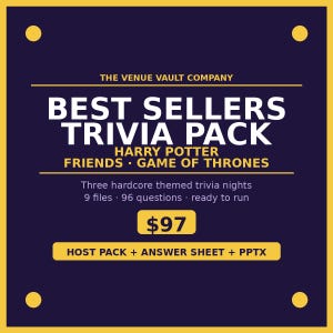 Puede incluir: Un gráfico azul marino y amarillo que promociona un paquete de trivia. El texto dice "BEST SELLERS TRIVIA PACK" con temas como "HARRY POTTER, FRIENDS, GAME OF THRONES". Incluye 96 preguntas, 9 archivos y un paquete de anfitrión.