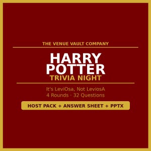 Puede incluir: Gráfico granate y dorado para una noche de trivia de Harry Potter. El texto incluye "The Venue Vault Company", "Harry Potter Trivia Night", "It's LeviOsa, Not LeviosA", "4 Rounds • 32 Questions" y "HOST PACK + ANSWER SHEET + PPTX".