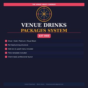 May include: A navy blue graphic with the text "VENUE DRINKS PACKAGES SYSTEM" in gold and white. The image includes a gold emblem and a list of features, including "Silver/Gold/Platinum/Royal Black" and "Per-head pricing structure."