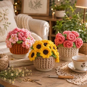 Könnte beinhalten: Drei gehäkelte Blumenarrangements in dekorativen Töpfen. Die Arrangements zeigen rosa, gelbe und rote Blumen mit grünen Blättern. Die Töpfe sind in Braun- und Beigetönen gehalten und stehen auf einer Holzoberfläche. Eine Tasse Tee und ein Buch sind ebenfalls zu sehen.