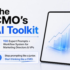 Może przedstawiać: Cyfrowy tablet wyświetla niebieski wykres liniowy i wykres słupkowy z tekstem "The CMO's AI Toolkit". Dodatkowy tekst zawiera "150 Expert Prompts + Workflow System for Marketing Directors & VPs" oraz "Stop prompting like a junior. Start thinking like a CMO."