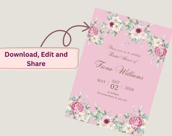 Invitación para despedida de soltera con diseño floral rosa – Editable en Canva (Archivo digital)