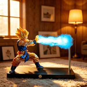 Puede incluir: Figura detallada de un personaje con pelo amarillo puntiagudo, vistiendo un atuendo azul y naranja, en una pose de acción. La figura emite un rayo de energía azul brillante. La figura está montada sobre una base rectangular negra.