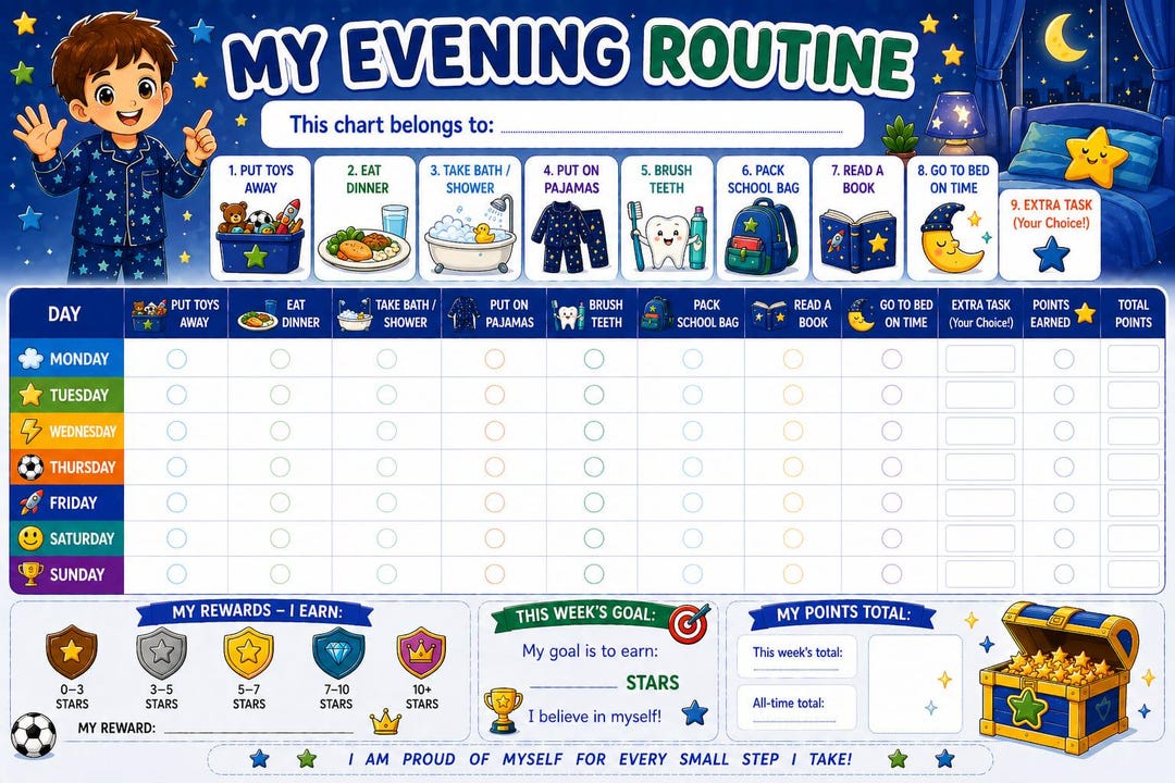 Boys Routine Sticker Chart Printable Kids Routine Chart Printable for Boys | Morning & Bedtime Schedule ...