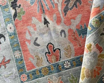 Alfombra de lana anudada a mano, color azul coral, con estampado floral, estilo Oushak, alfombra botánica, alfombra tradicional hecha a mano para la decoración de la sala de estar y el dormitorio.