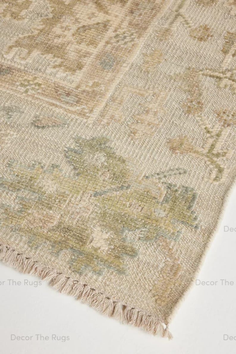 Puede incluir: Primer plano de una alfombra beige y marr&oacute;n claro con un aspecto envejecido y vintage. La alfombra presenta un estampado floral en tonos verdes, azules y rosas. El borde tiene un detalle de flecos. La alfombra est&aacute; hecha de un material tejido.