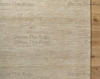 Alfombra moderna de lana beige anudada a mano, alfombra neutra hecha a mano, minimalista y contemporánea para sala de estar y dormitorio.