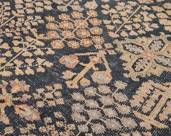Hand Knotted Wool Rug Deep Blue Beige Dense Floral Botanical Pattern Handmade Area Rug Traditional Intricate Design Living Room Bedroom