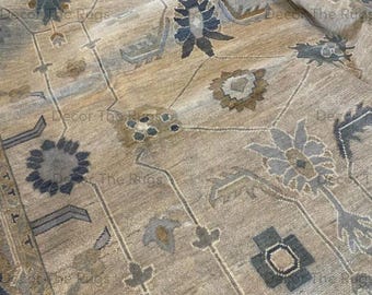 Alfombra de lana Oushak anudada a mano, color beige neutro, alfombra floral tradicional hecha a mano para sala de estar y dormitorio.