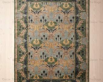 Alfombra de lana anudada a mano con estampado floral verde y azul, hecha a mano, ideal para sala de estar, dormitorio o como decoración del hogar.