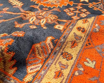 Alfombra de lana anudada a mano, azul marino, naranja, tribal, geométrica, alfombra hecha a mano, estilo persa, para sala de estar, dormitorio, comedor.